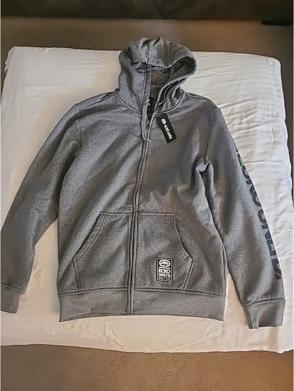 Echo Unlimited Mens MEDIUM Gray Hoodie Full Zip Logo On Sleeve NWT